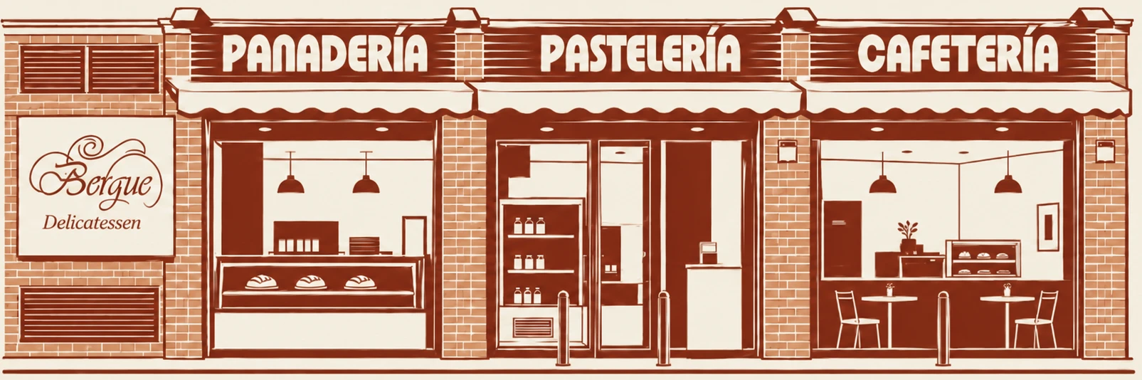 Ilustración de la fachada de Bergue: panadería, pastelería y cafetería